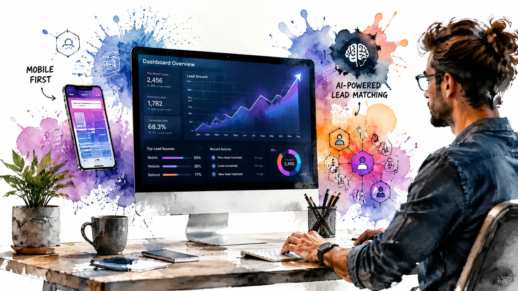 A professional working at a desk with a computer dashboard showing marketing and lead analytics data.