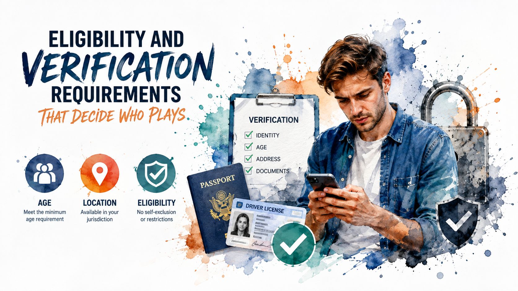 A man checks his phone next to a verification checklist, passport, and driver license showing eligibility requirements.