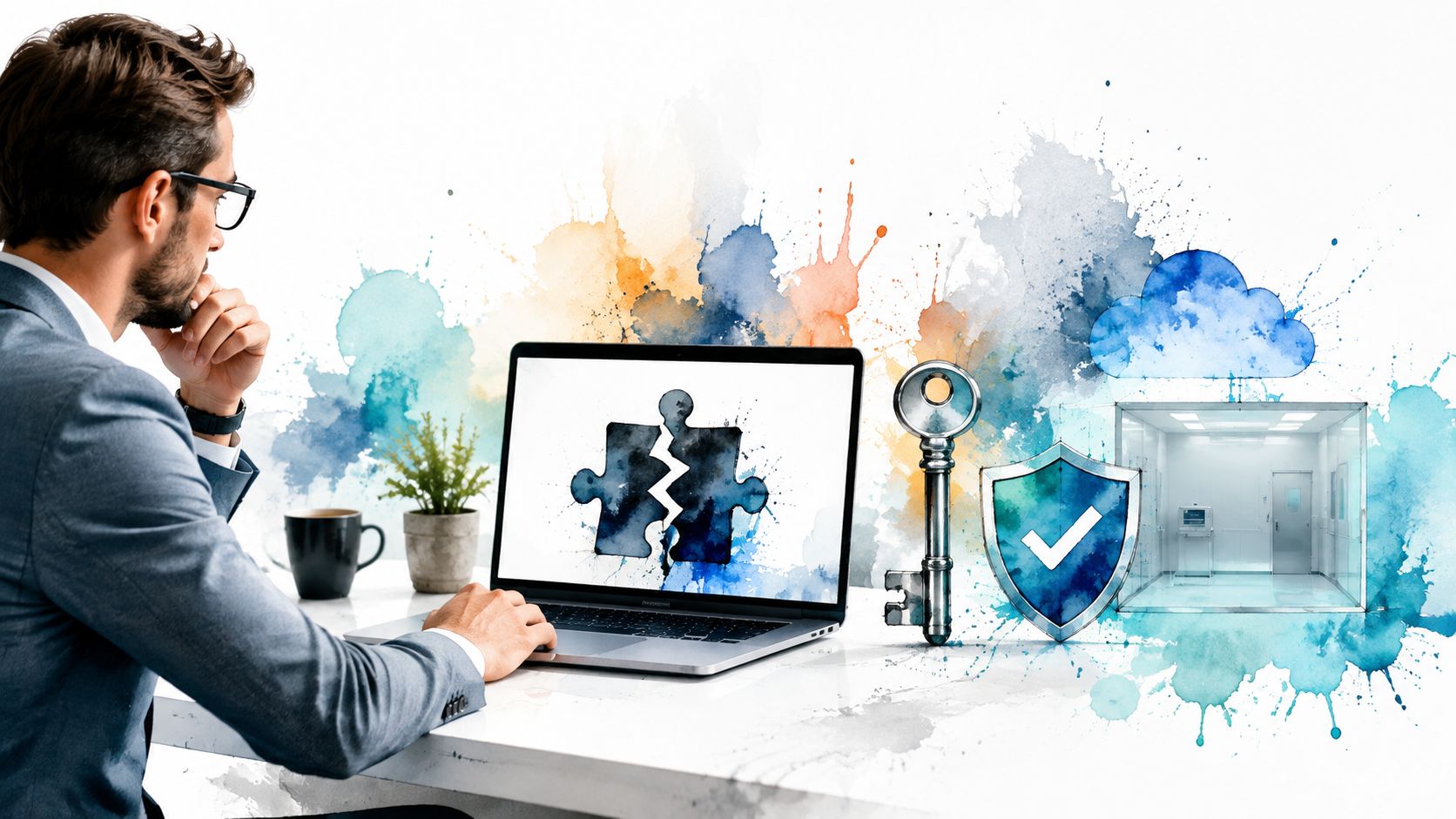 A professional man in a suit working on a laptop, with digital watercolor illustrations of security and cloud icons.