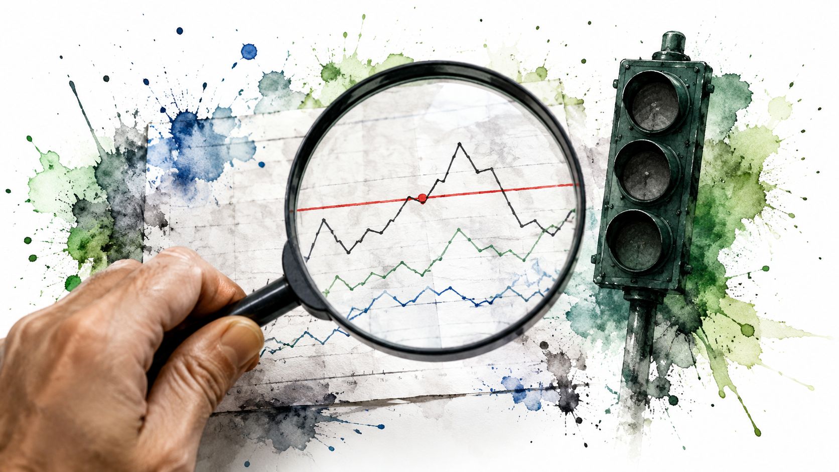 A hand holding a magnifying glass over a hand-drawn chart with watercolor paint splashes and a traffic light.