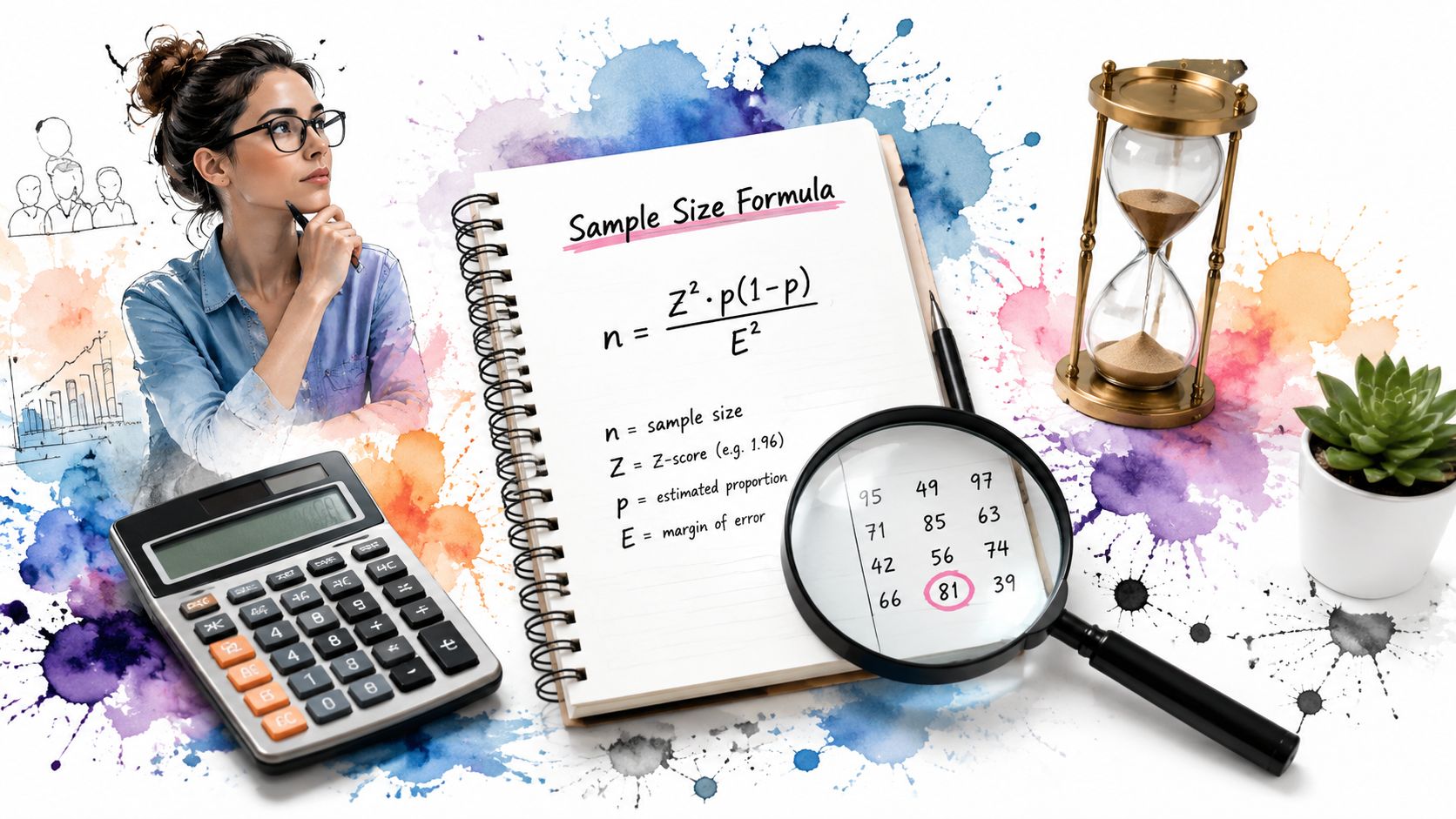 A woman thinking about a sample size formula with a calculator, notebook, hourglass, and magnifying glass nearby.