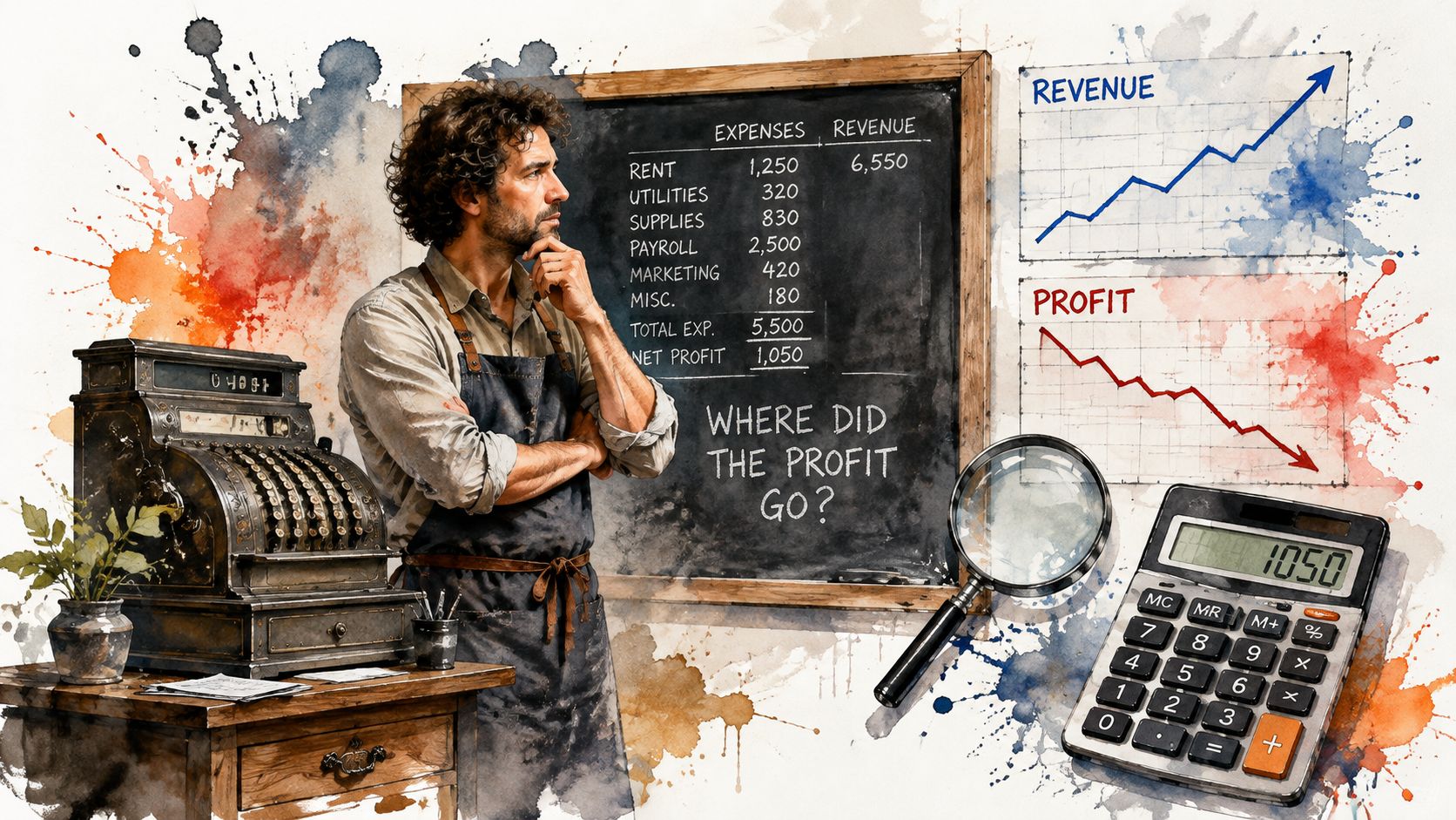 A concerned business owner examines a blackboard showing financial losses while calculating business profit and expenses.