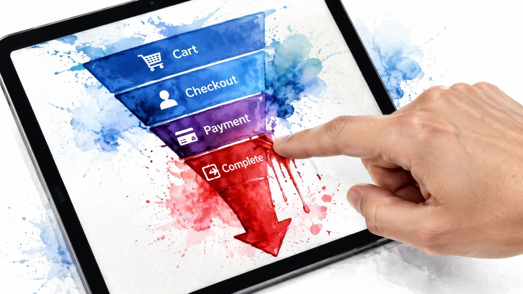 A hand touching a tablet screen displaying a sales funnel diagram representing the e-commerce checkout process.
