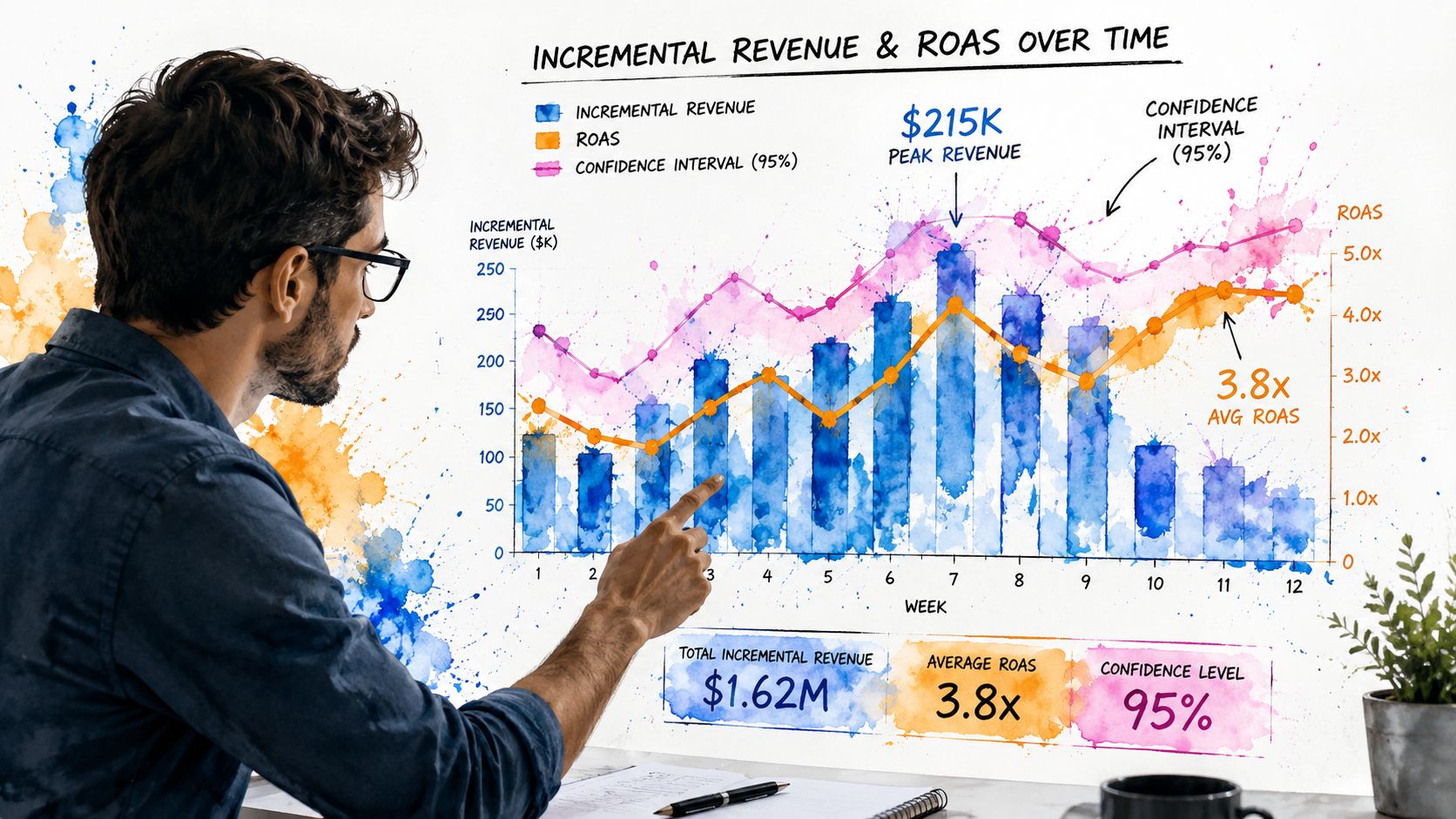 A man in a shirt pointing at a watercolor-style chart showing incremental revenue and ROAS over time.
