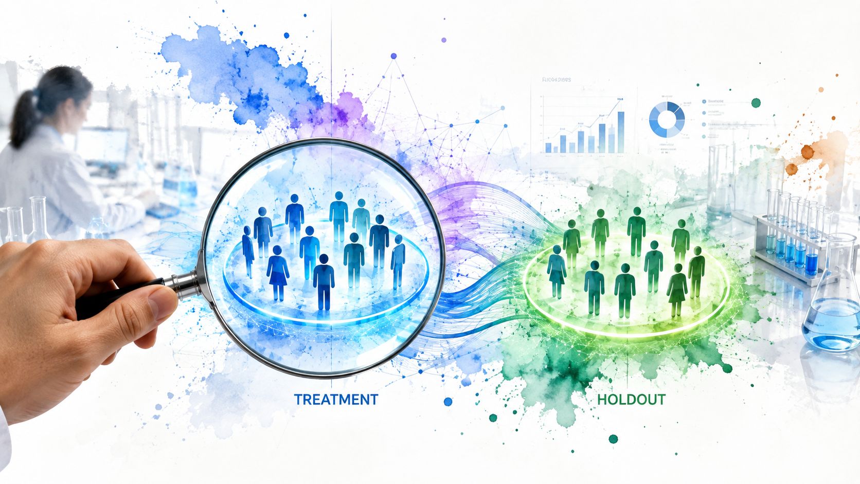 A magnifying glass focusing on a treatment group of people, illustrating incrementality testing in scientific research.