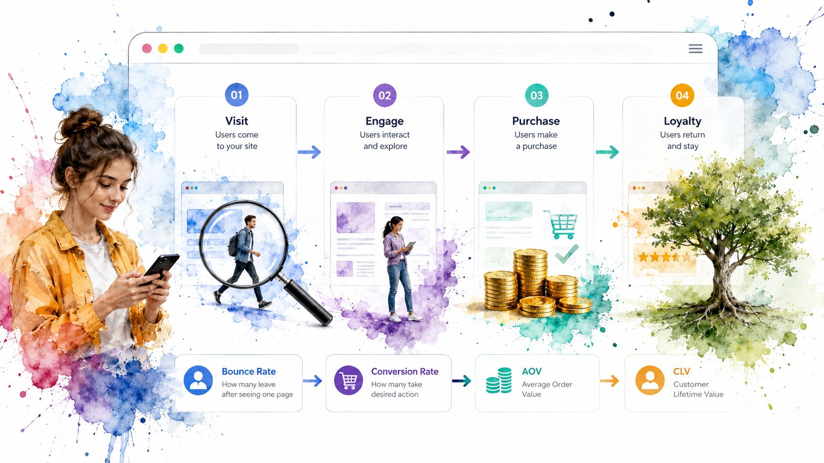 A digital marketing funnel illustration showcasing customer journey stages from visit to loyalty with key metrics.