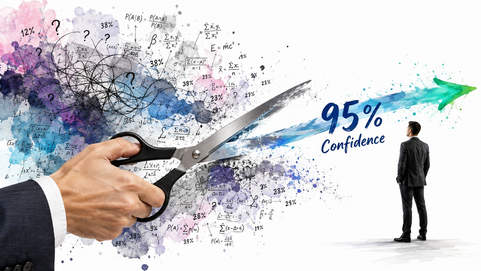 A hand using scissors to cut through chaos, creating a clear arrow symbolizing 95% confidence and success.