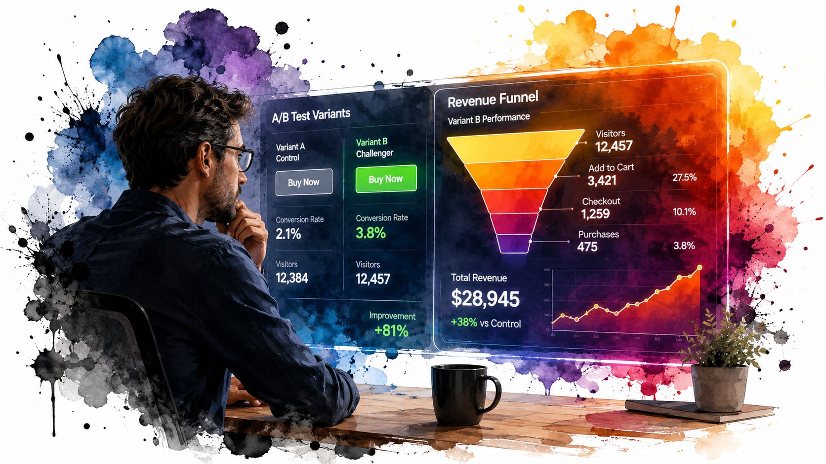 A man observing a digital dashboard showing A/B testing results and revenue funnel metrics on a display.