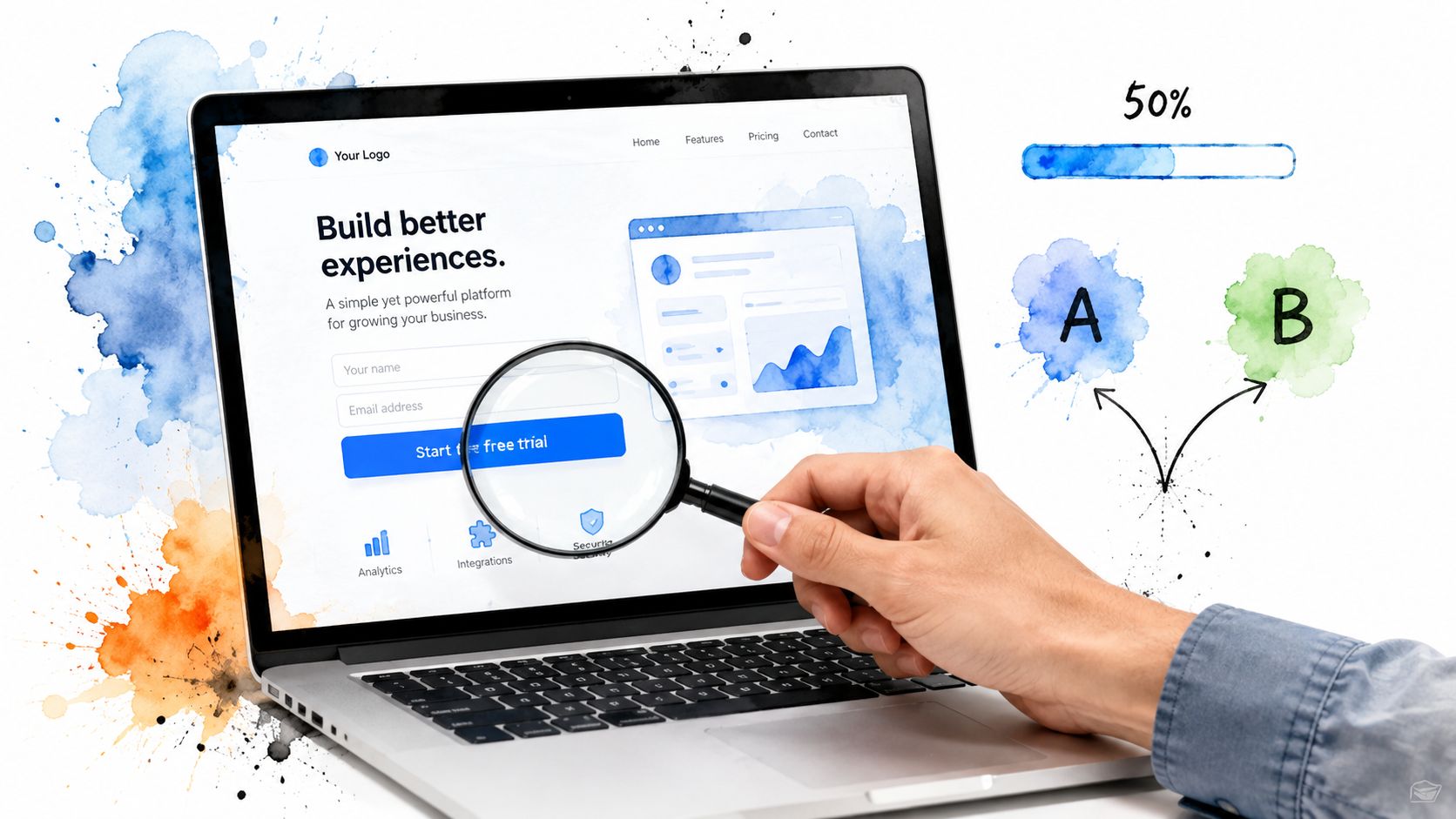 A hand using a magnifying glass to analyze A/B testing elements on a website landing page design.