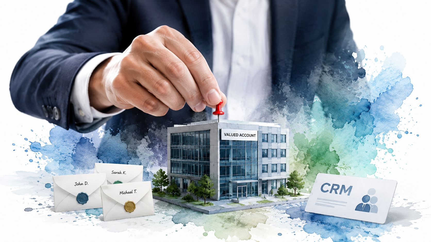 A business professional pinning a valued account building with CRM software icon and client letters.