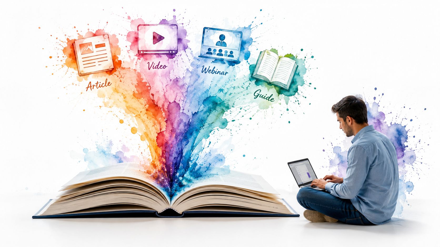 A man sitting on the floor using a laptop in front of a giant open book with digital content icons.