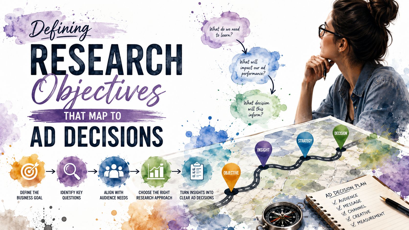 A professional infographic showing a step-by-step process for defining marketing research objectives that inform advertising decisions.