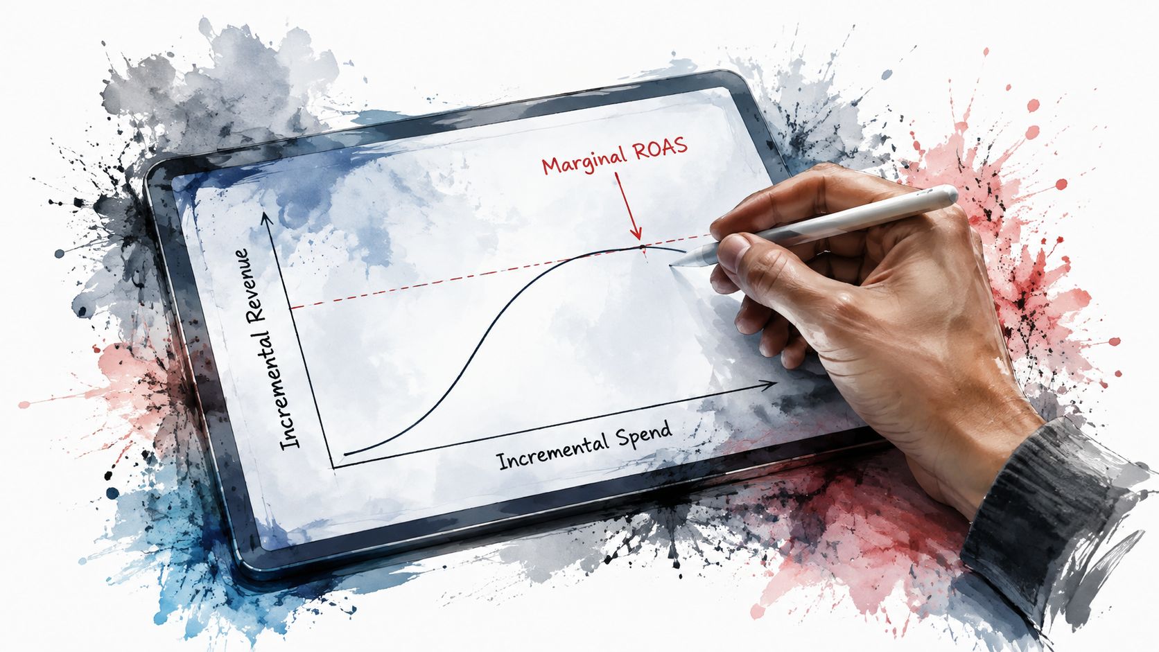 A hand using a stylus on a digital tablet to plot marginal ROAS on a revenue graph.