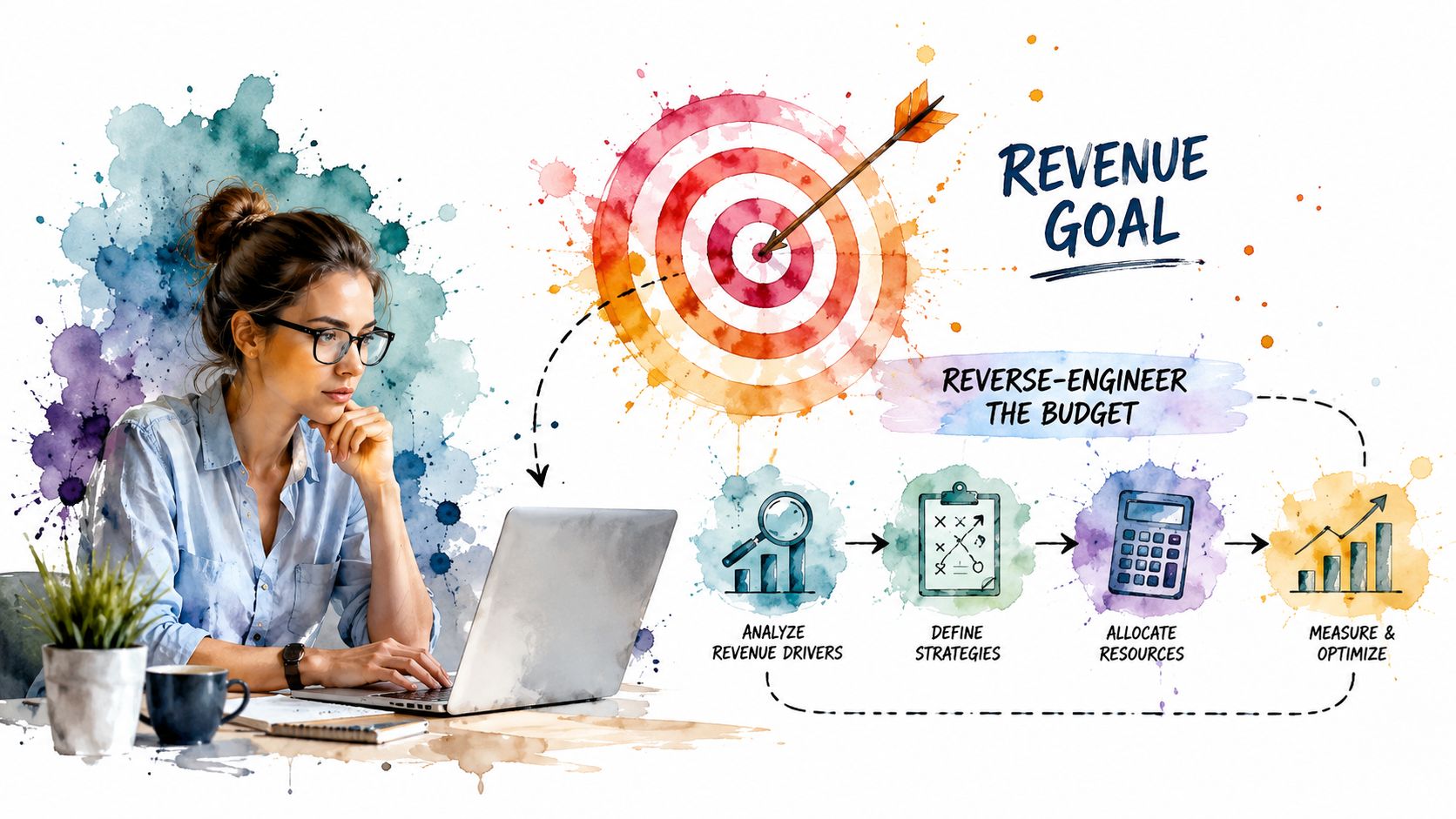 A woman working on a laptop with a creative infographic about reverse-engineering a marketing revenue budget.