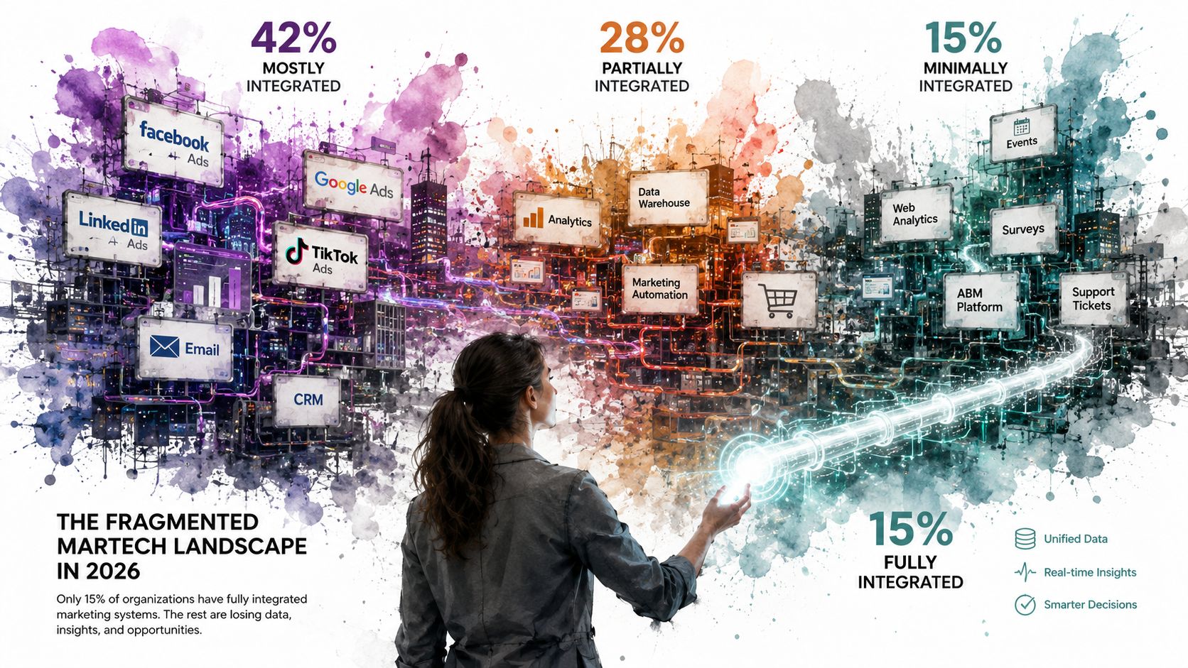 A professional analyzing a digital visualization of a fragmented marketing technology landscape with complex data integration levels.