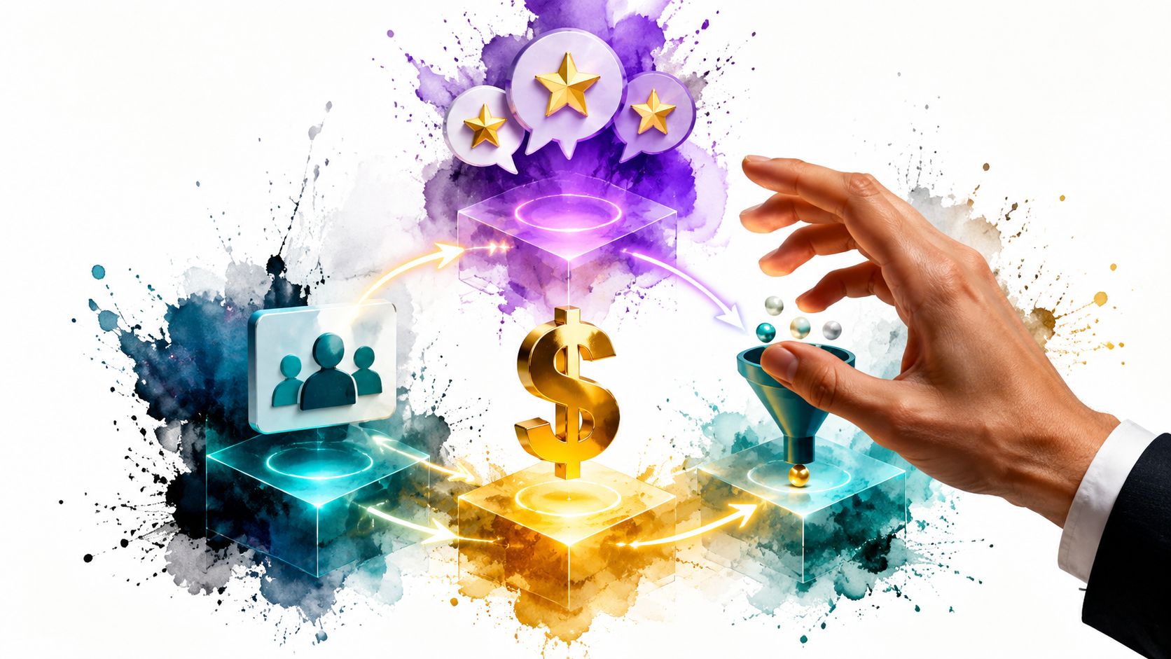 A conceptual illustration showing a digital business process connecting customer engagement, revenue, and sales funnel optimization.