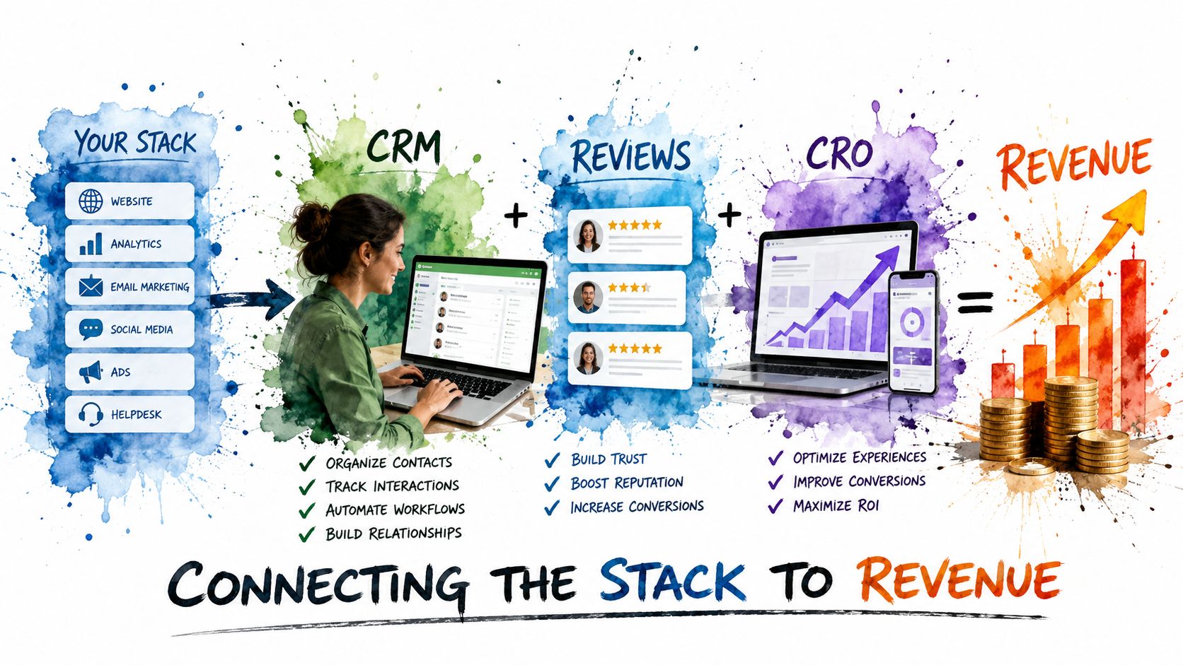 A diagram illustrating the digital marketing stack connection from CRM and reviews to CRO and revenue growth.