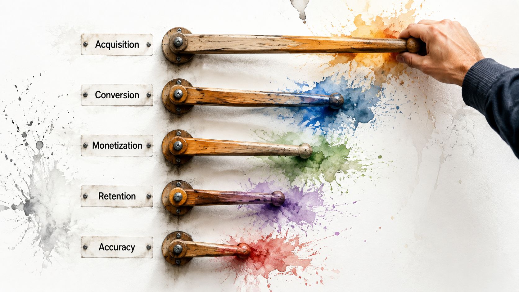 A hand pulling one of five levers labeled acquisition, conversion, monetization, retention, and accuracy on a wall.