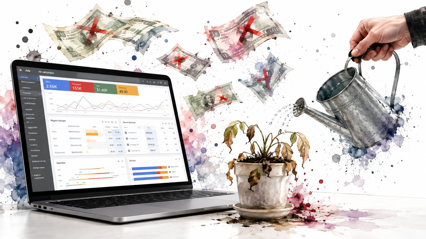 A hand waters a withered plant while digital advertising data and crossed out money bills float nearby.