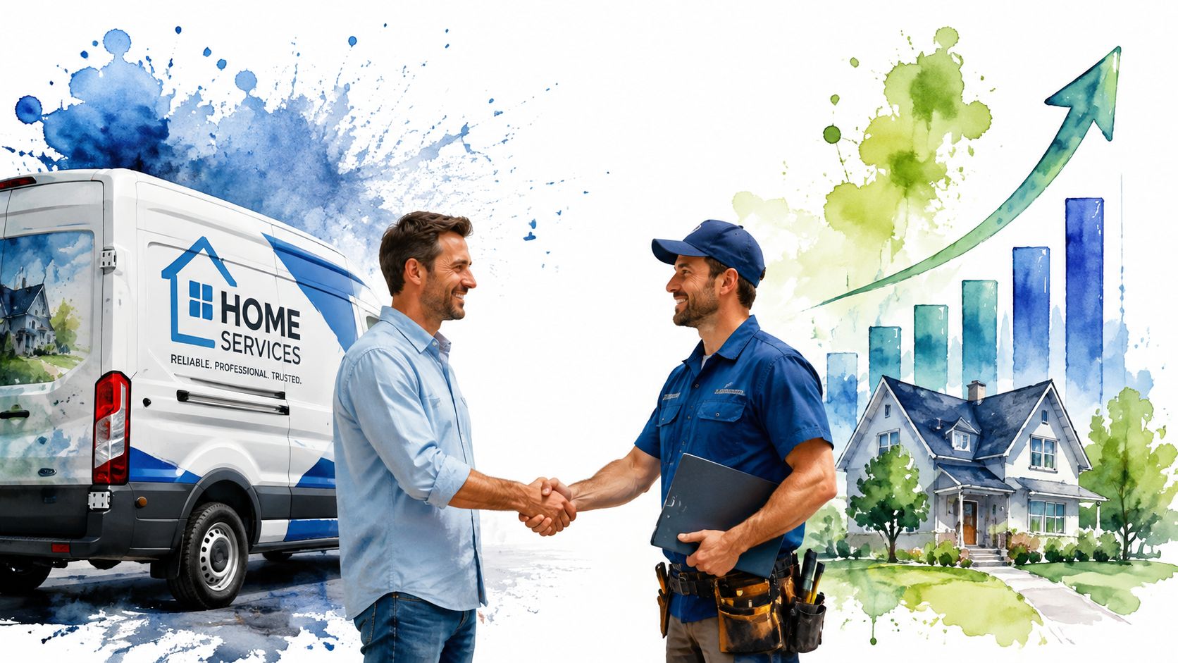 A professional home service technician shaking hands with a homeowner next to a branded service van.
