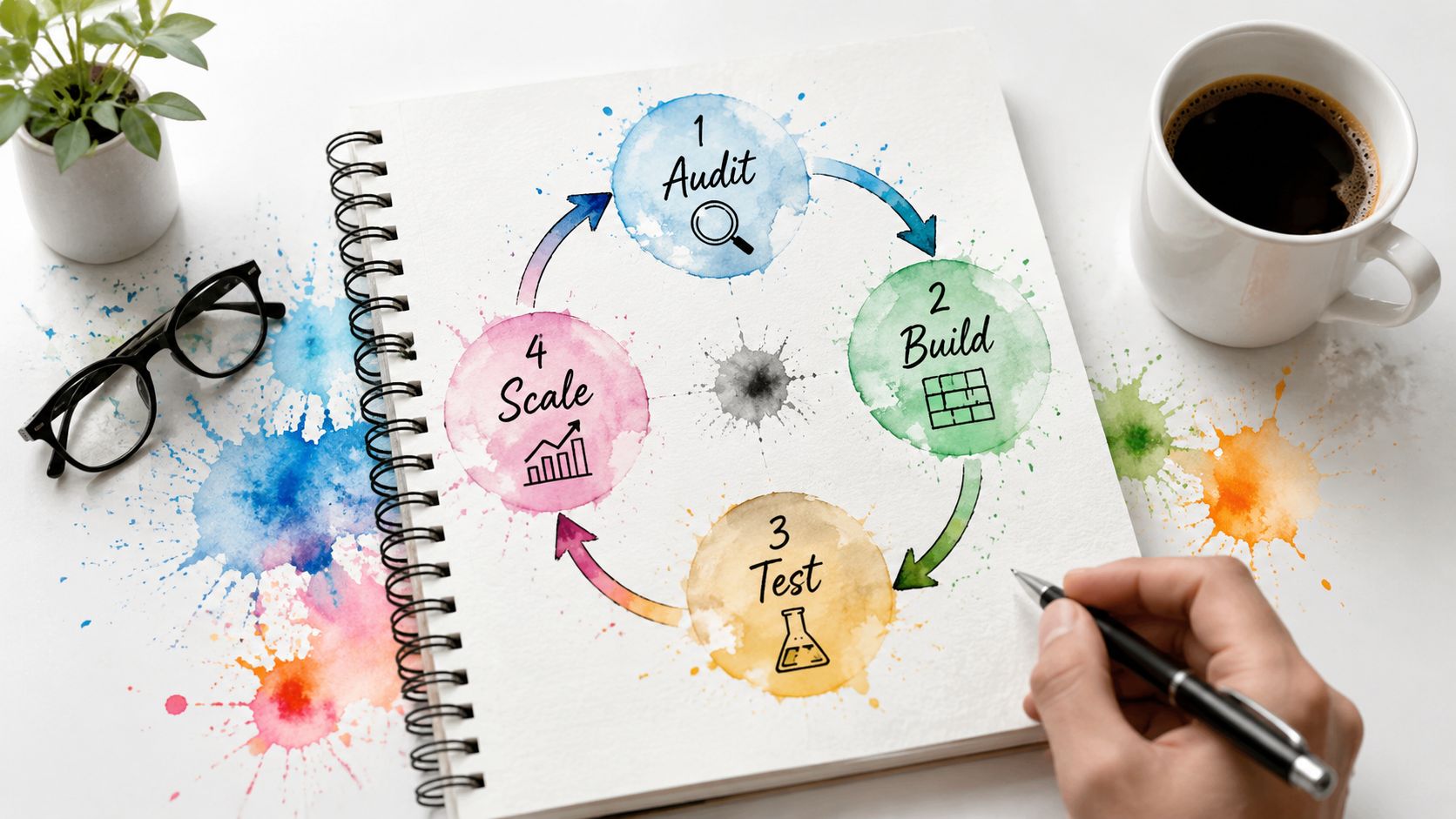 A hand drawing a four-step business process cycle labeled Audit, Build, Test, and Scale on a notebook.
