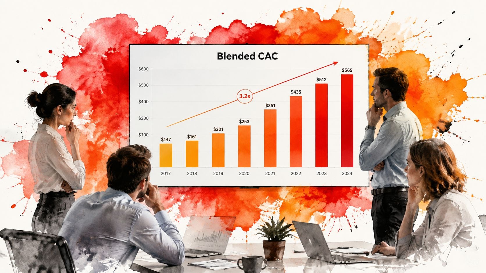A professional team observes a presentation slide showing a rising bar chart titled Blended CAC.