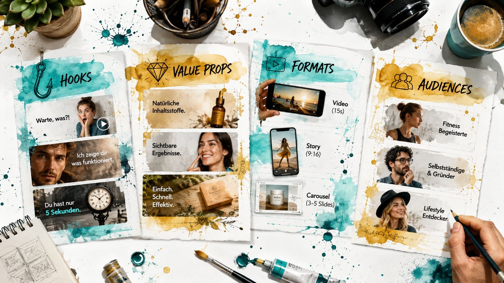 A creative infographic template showing hooks, value props, formats, and target audiences for marketing strategies.