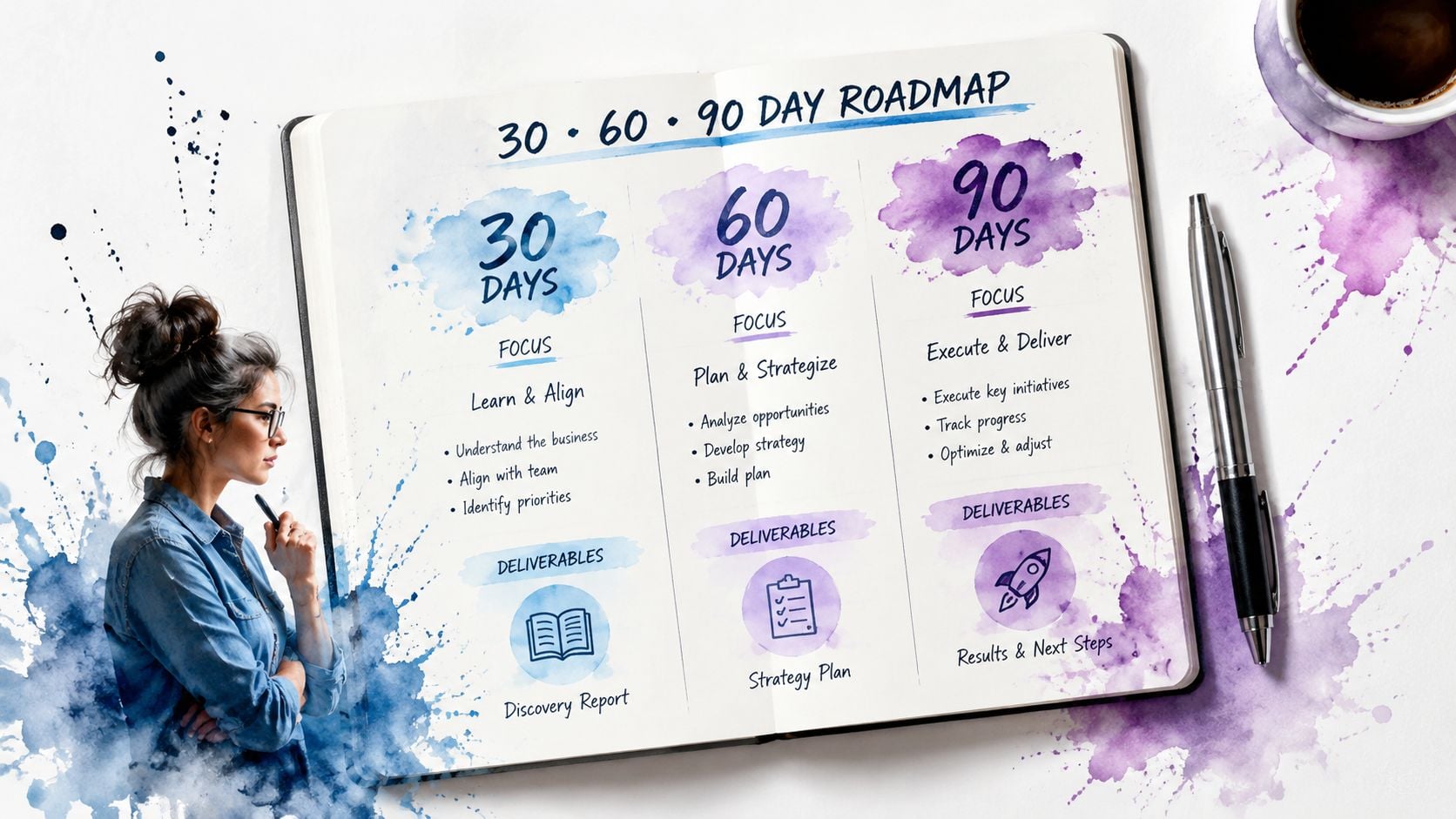 A woman contemplating a 30 60 90 day roadmap plan displayed in an open notebook on a table.