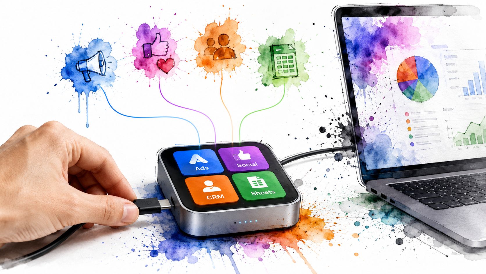 A hand connects a device to a laptop, representing automated data integration from marketing and CRM platforms.