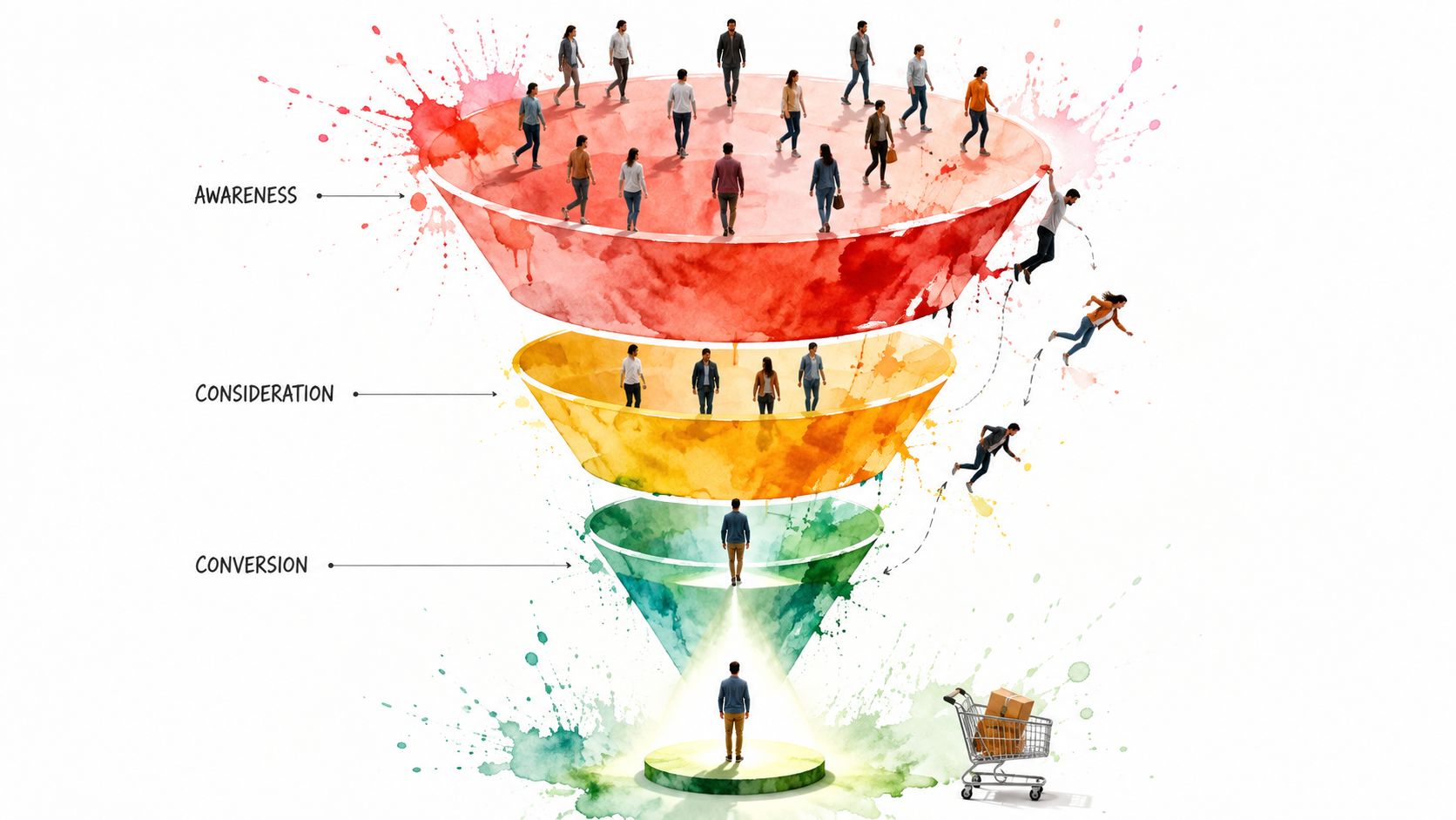 A watercolor illustration of a sales funnel showing people transitioning from awareness to consideration and finally conversion.