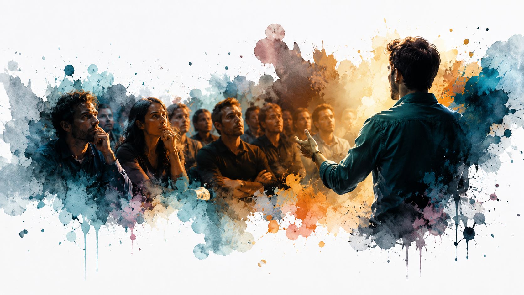 A professional speaker gives a presentation to an attentive audience in a stylized watercolor artistic setting.