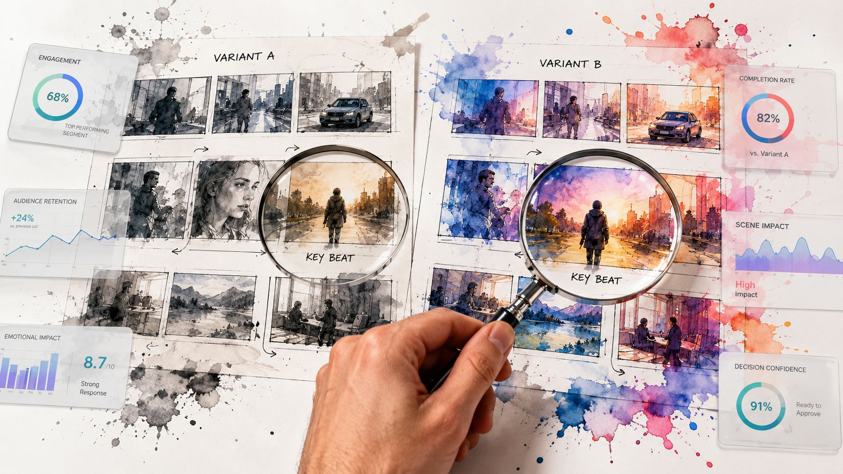 A hand uses a magnifying glass to compare two watercolor storyboard variants for an advertising campaign.
