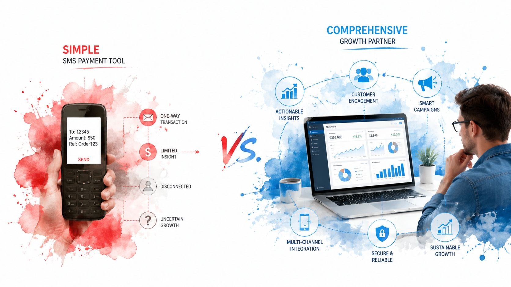 A comparison between a basic SMS payment tool and a comprehensive growth partner digital dashboard for businesses.