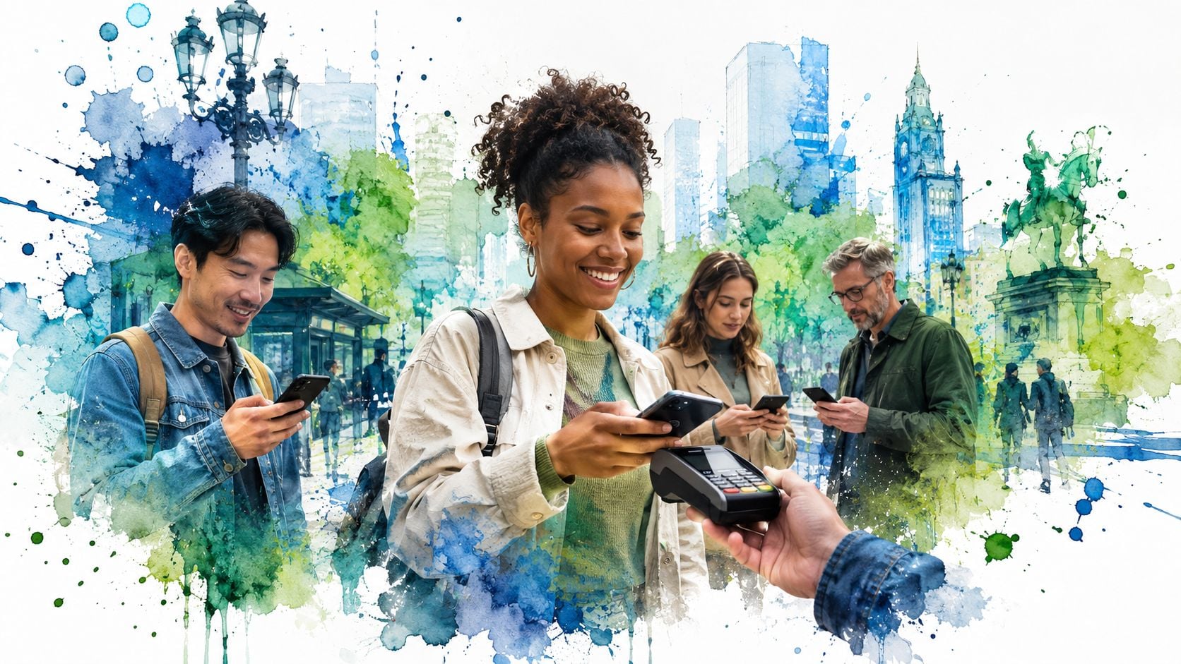 Diverse group of people in an urban city setting using smartphones for digital contactless payments.