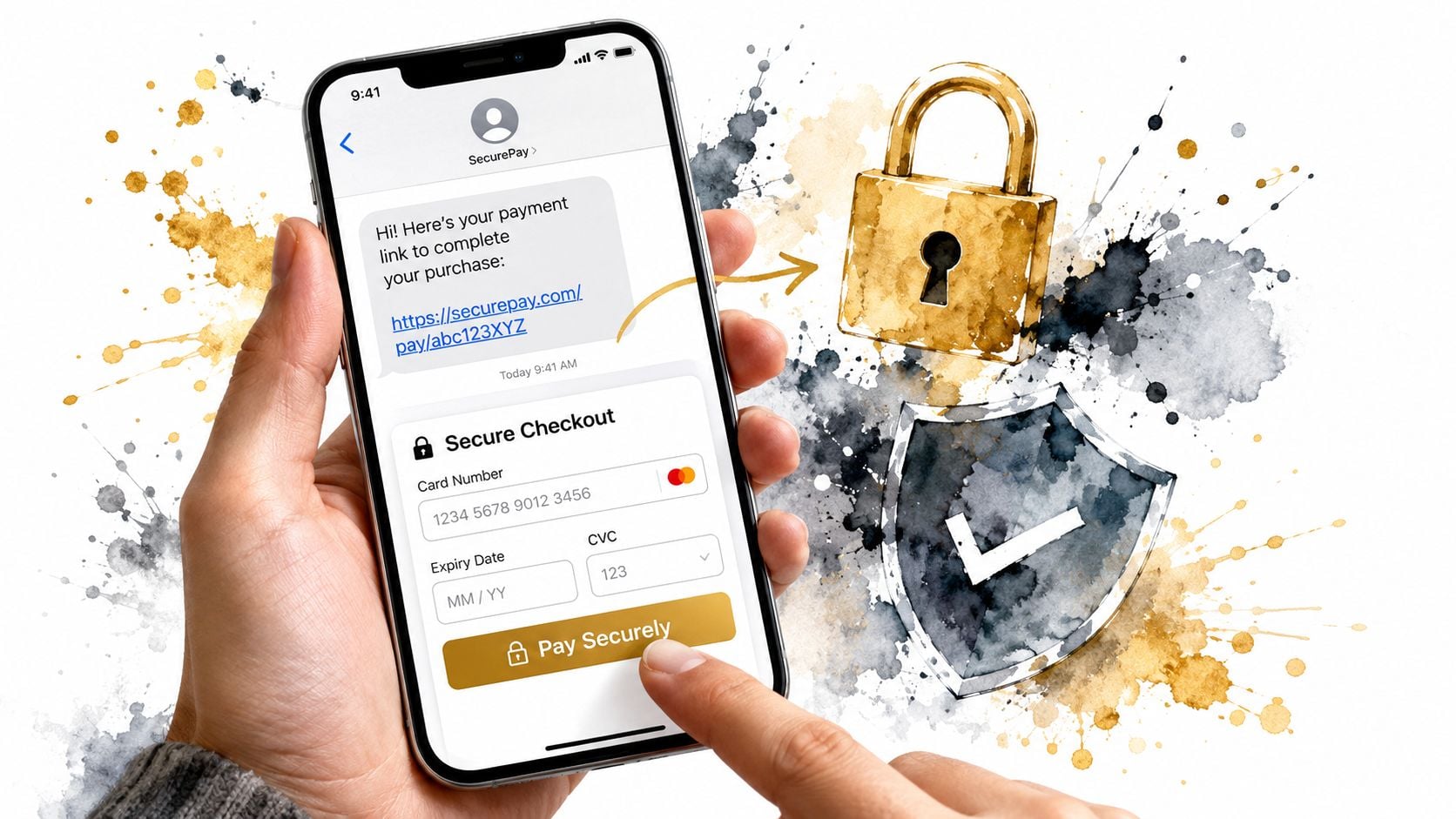 A person using a smartphone to input credit card details into a secure online payment checkout page.