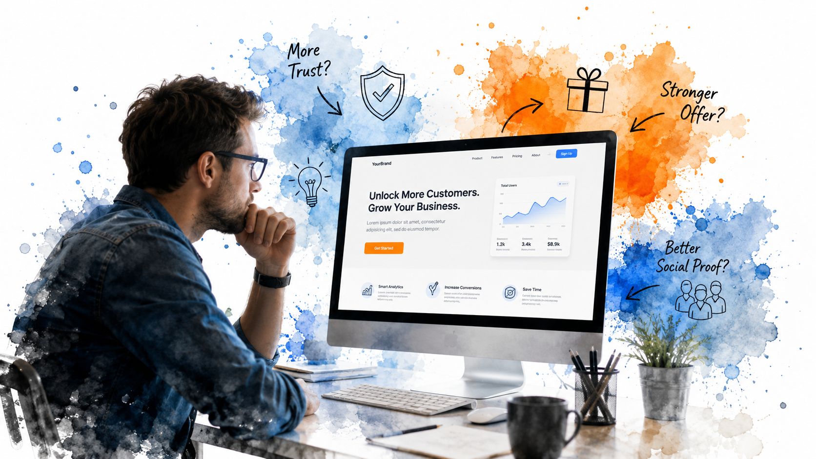 A professional man contemplating a website interface design with creative sketches about business growth strategies.