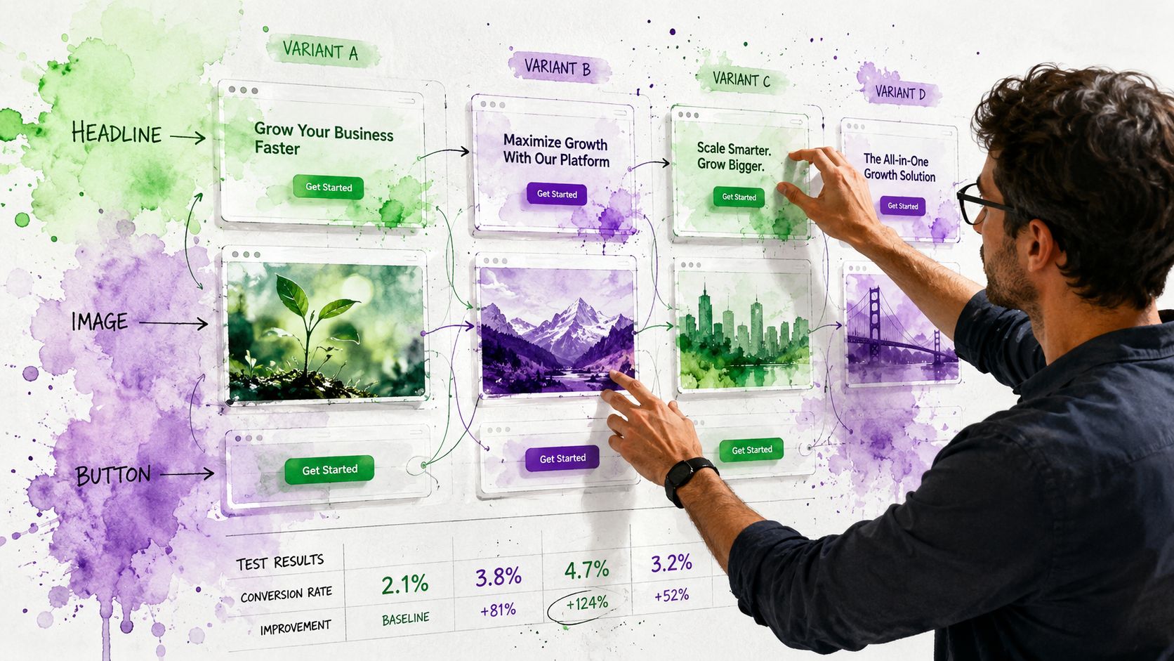 A professional analyzing different web page variants for multivariate testing on a creative wall display with performance metrics.
