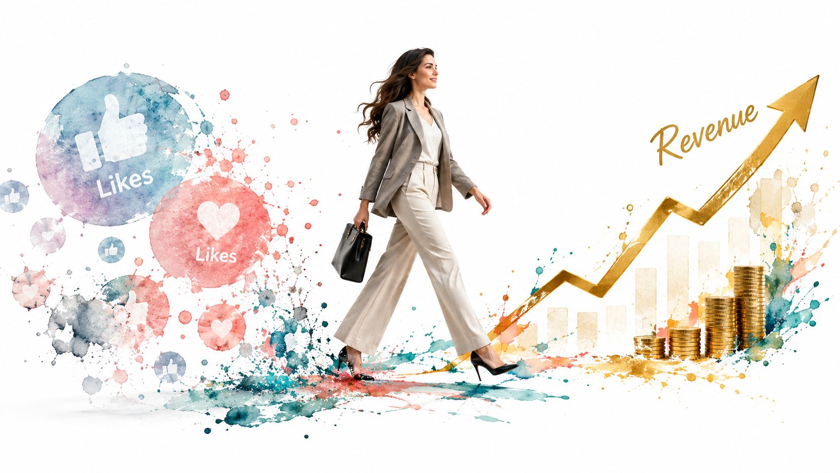 A businesswoman walks forward with social media icons on the left and rising revenue charts on the right.
