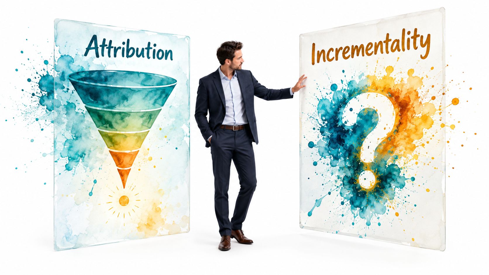 A businessman standing between two signs representing marketing concepts: one showing an attribution funnel and another showing incrementality.