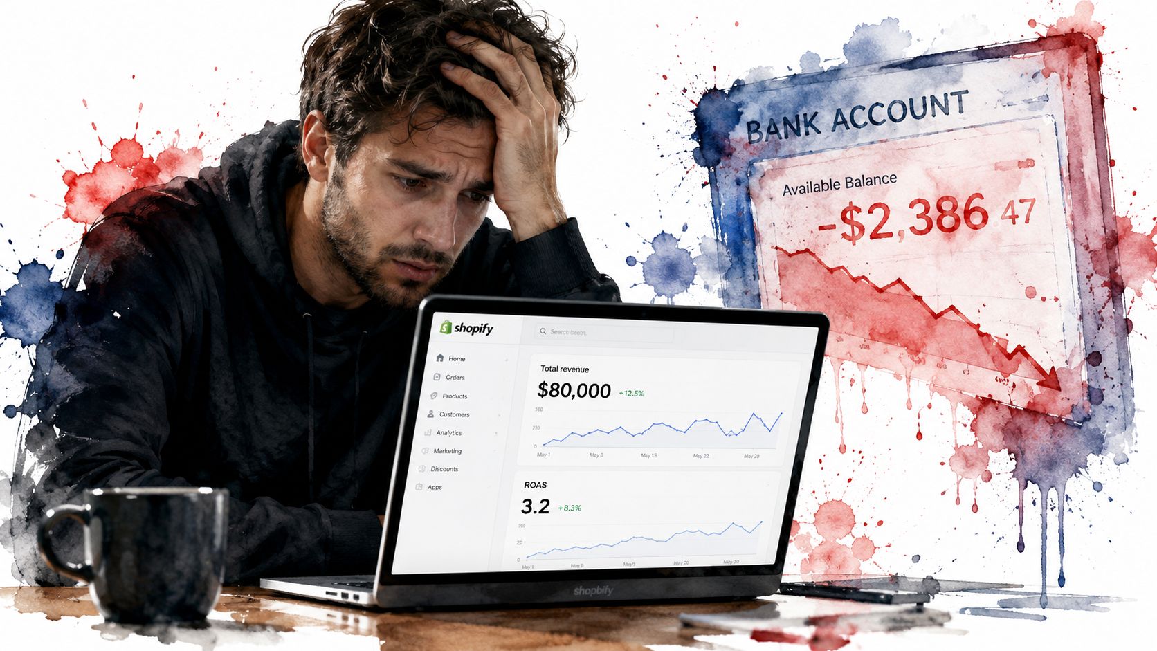 Stressed business owner looking at high revenue Shopify dashboard alongside a negative bank account balance alert.