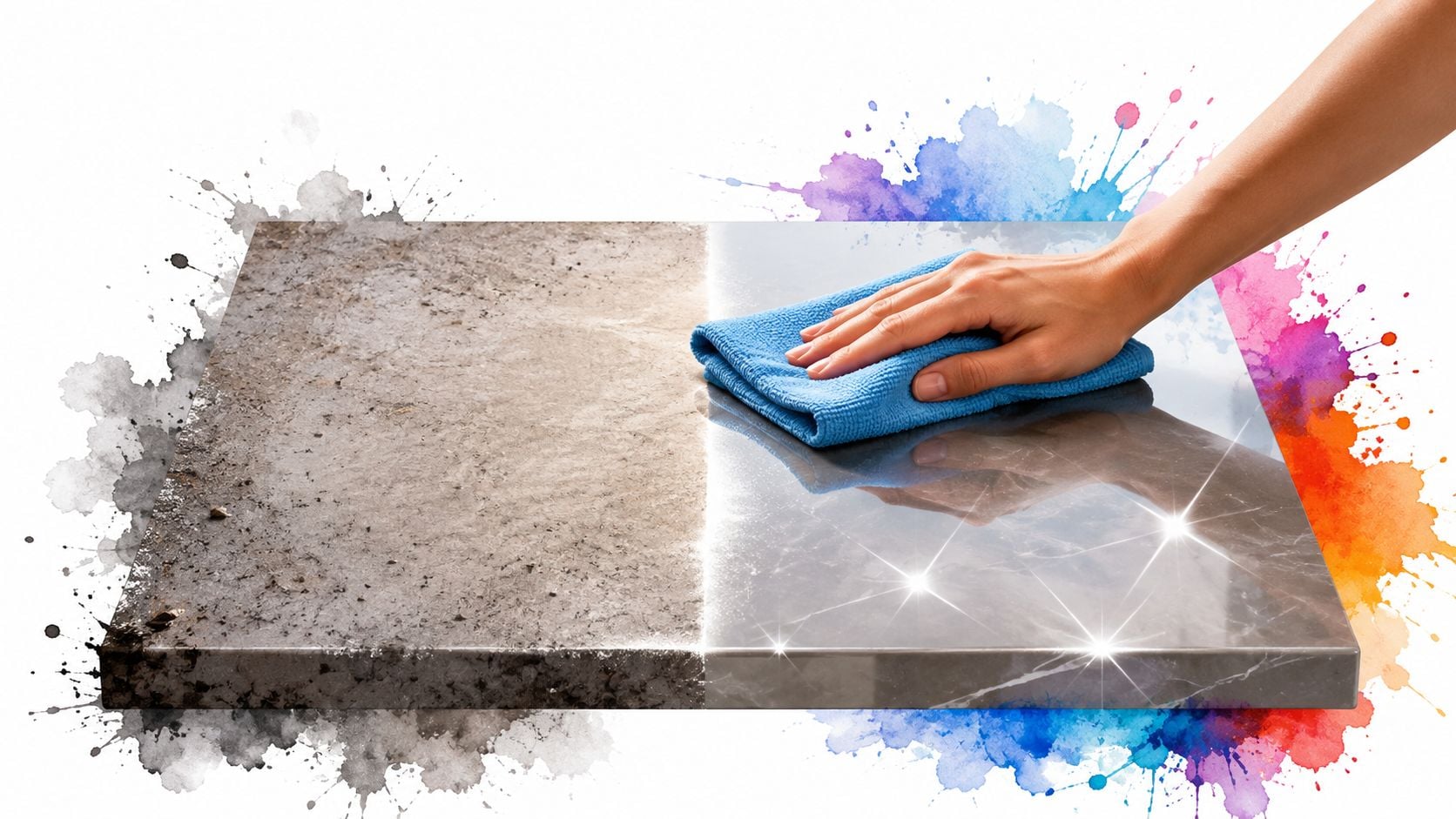 A hand cleans a dirty marble surface, revealing a shiny, polished finish on the other side.