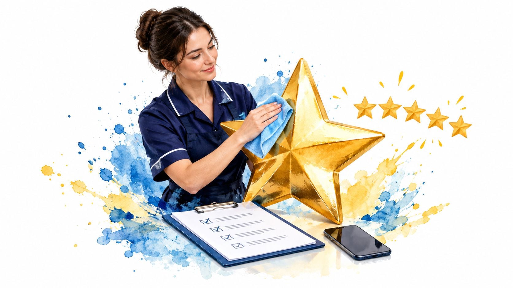A professional cleaning staff member polishing a large golden star symbol representing high quality cleaning services.