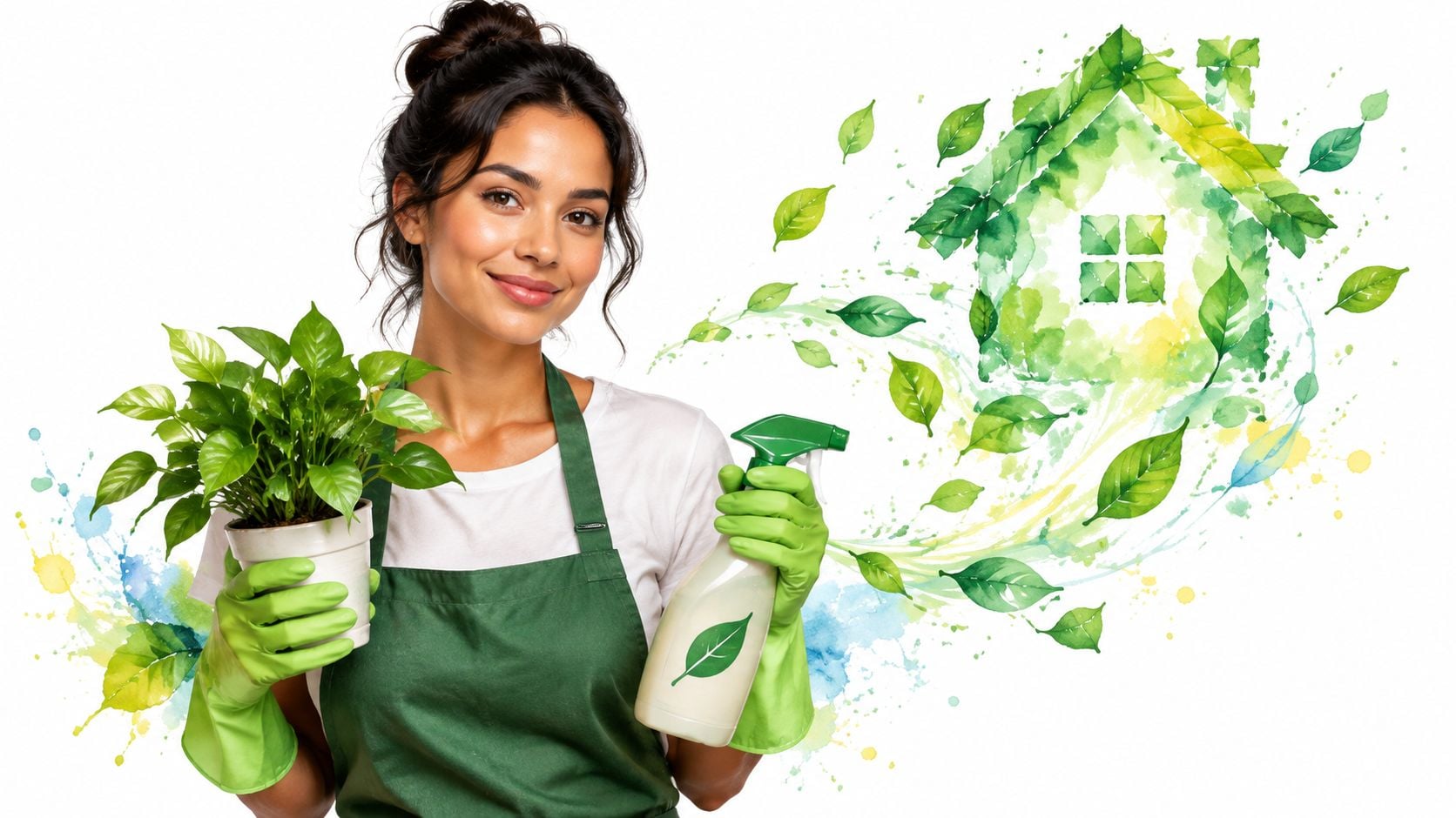 A woman wearing a green apron and gloves holds a houseplant and a spray bottle for cleaning.
