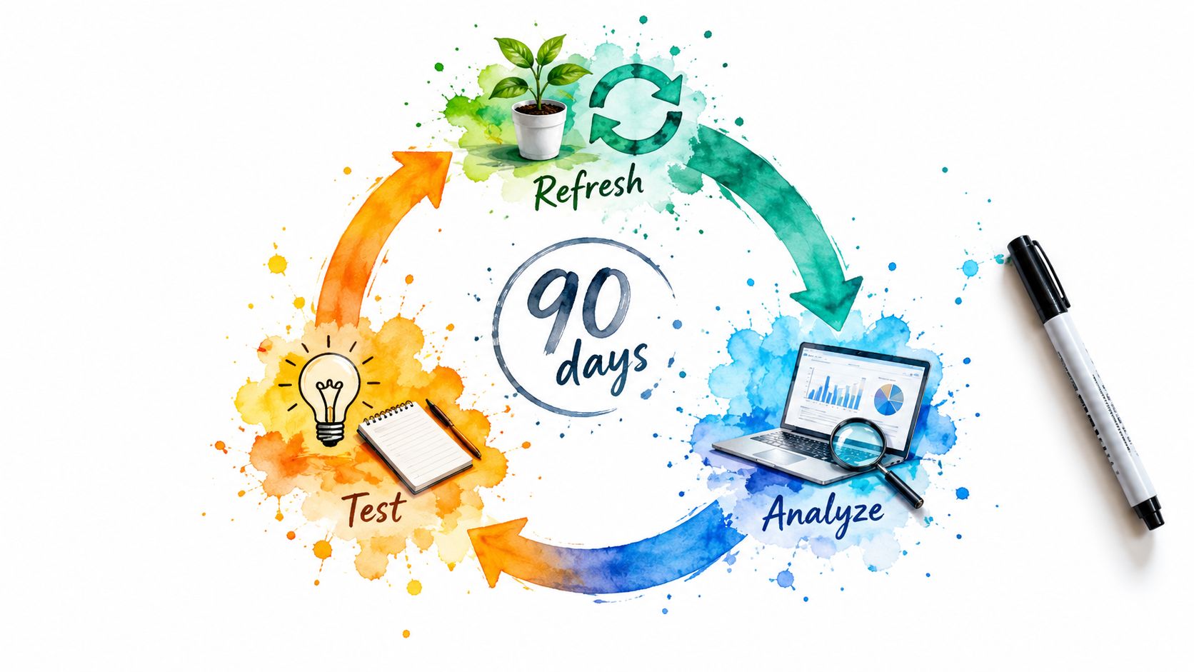 A cyclical diagram showing a 90 days business strategy process with stages for refresh, analyze, and test.