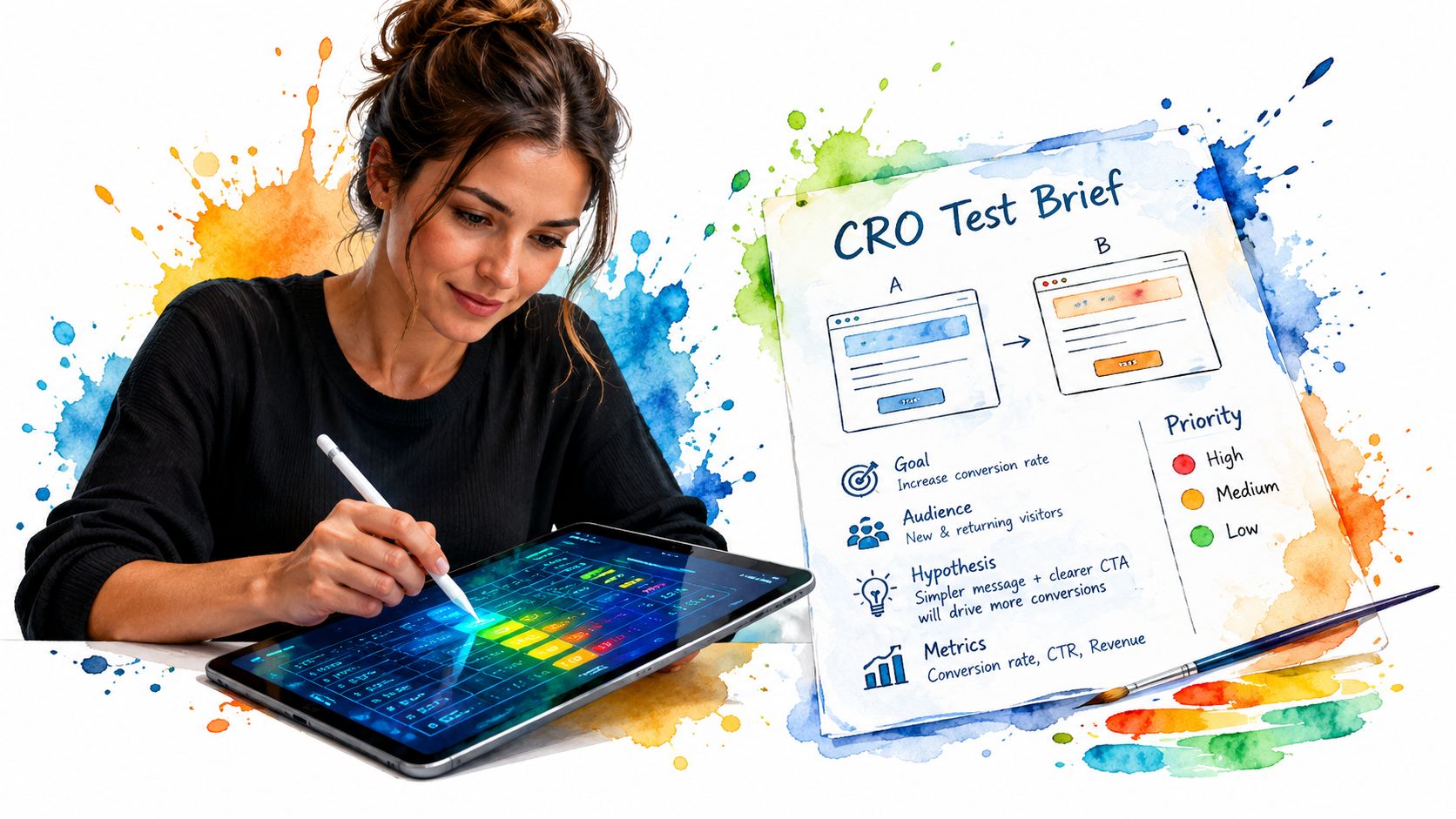 A woman sketching a website testing plan on a digital tablet with a CRO brief paper.