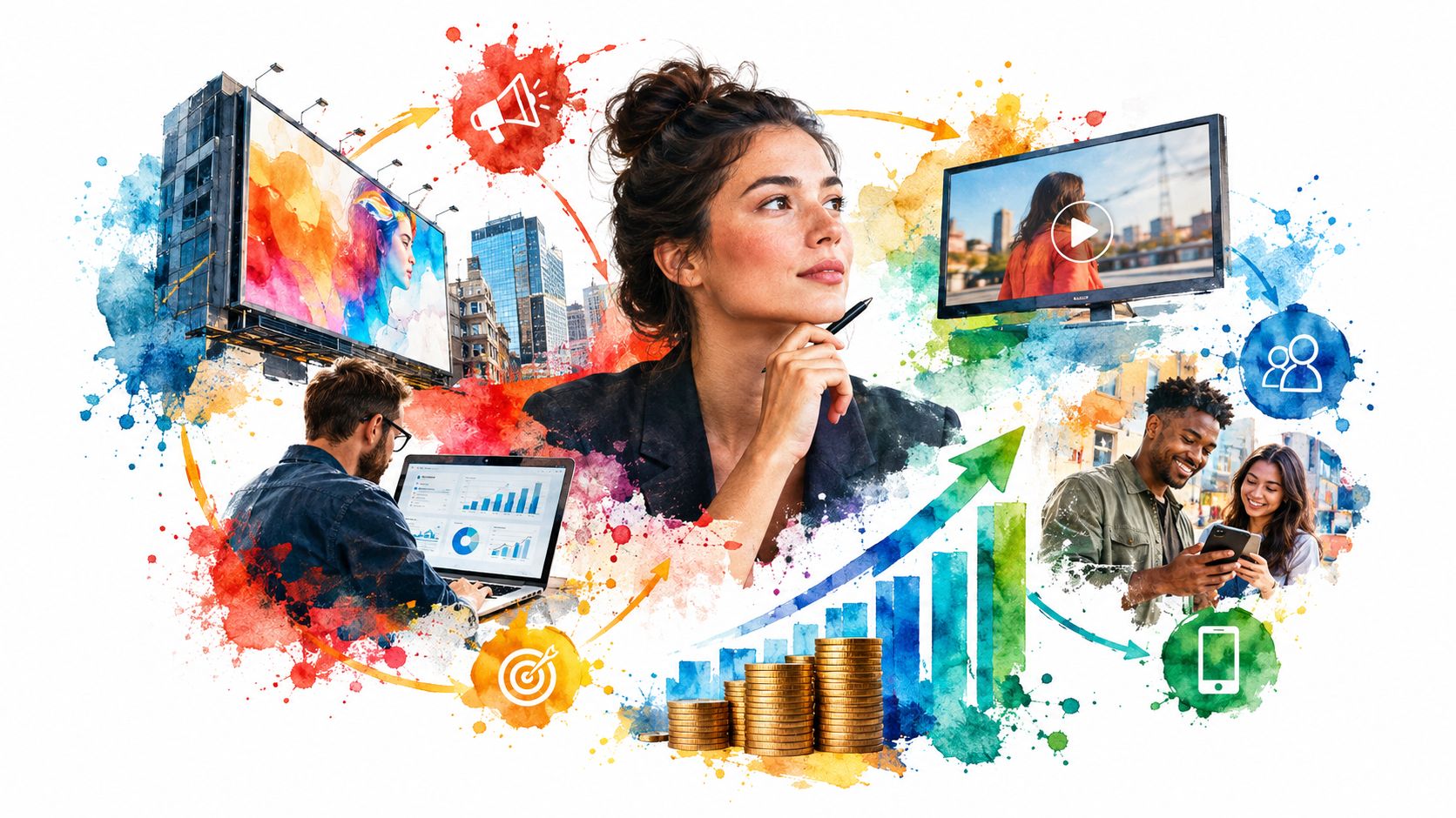 A professional woman thinking with charts, billboards, and digital marketing icons illustrating a competitive analysis framework.