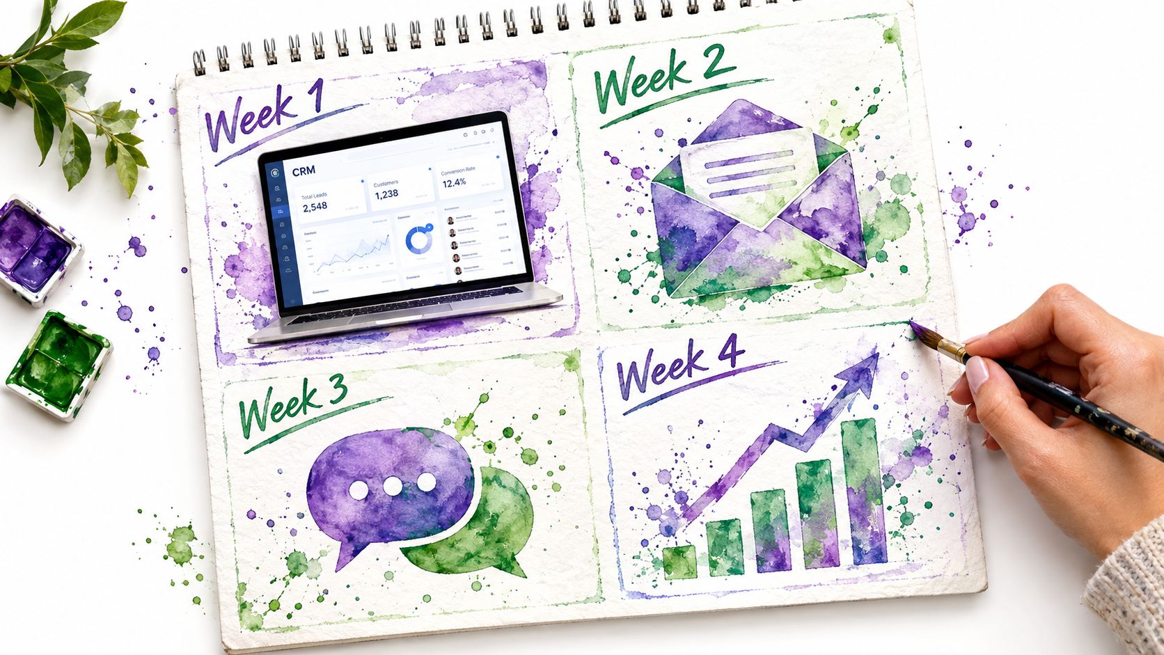 A hand painting a business growth chart on a notepad featuring digital marketing and automation concepts.