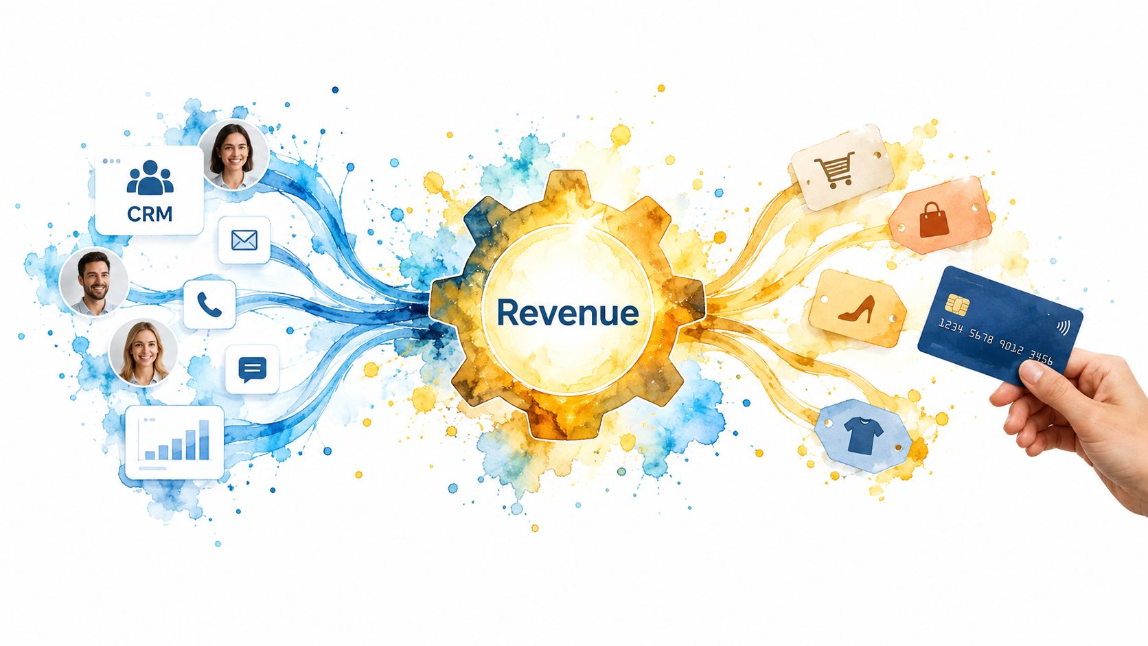 Conceptual illustration showing customer engagement channels leading through a revenue gear into digital commerce payments.