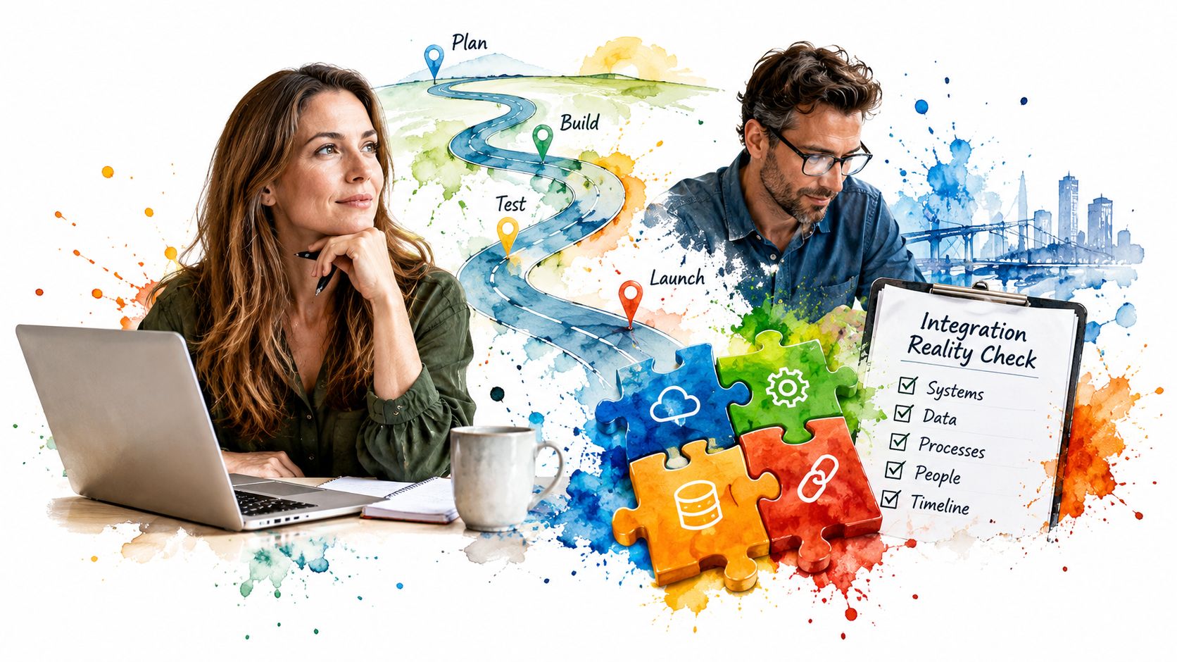 A man and woman collaborating on business project strategies with digital integration planning graphics and a checklist.