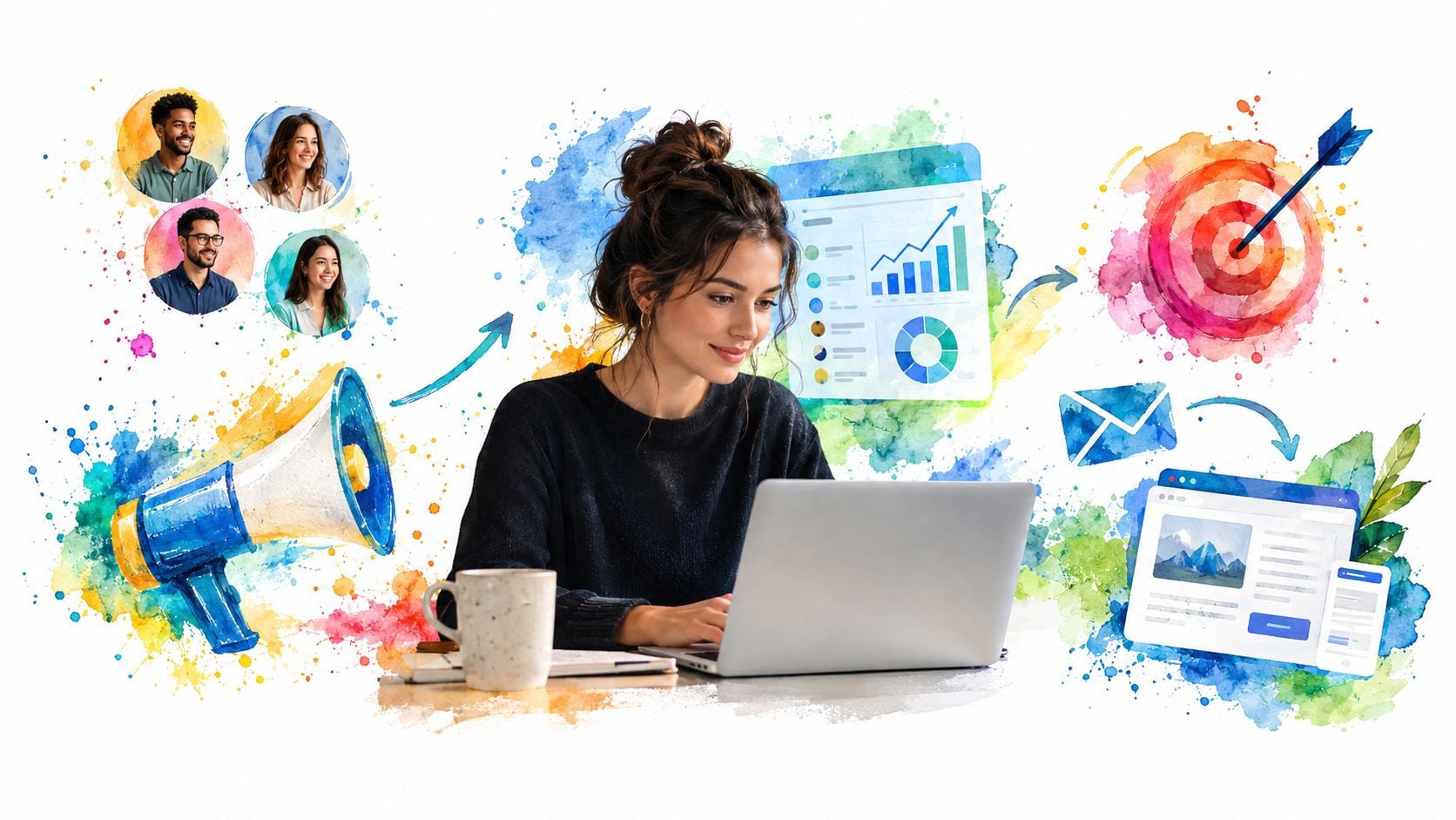 A creative illustration of a woman working on a laptop surrounded by digital marketing icons and watercolors.